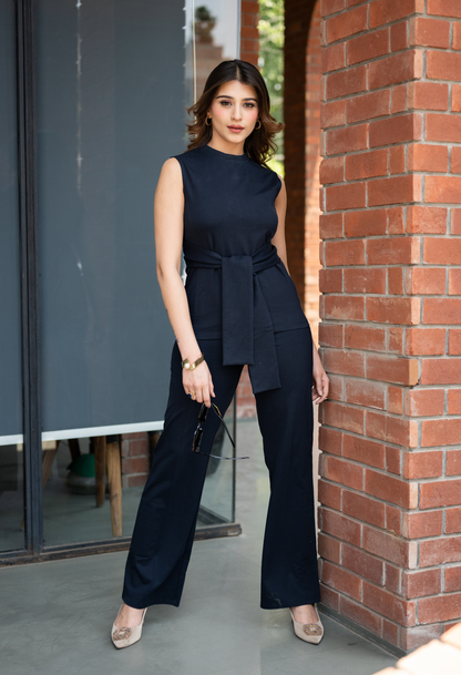 Stretched Belted Top with High Waist Flared Pants