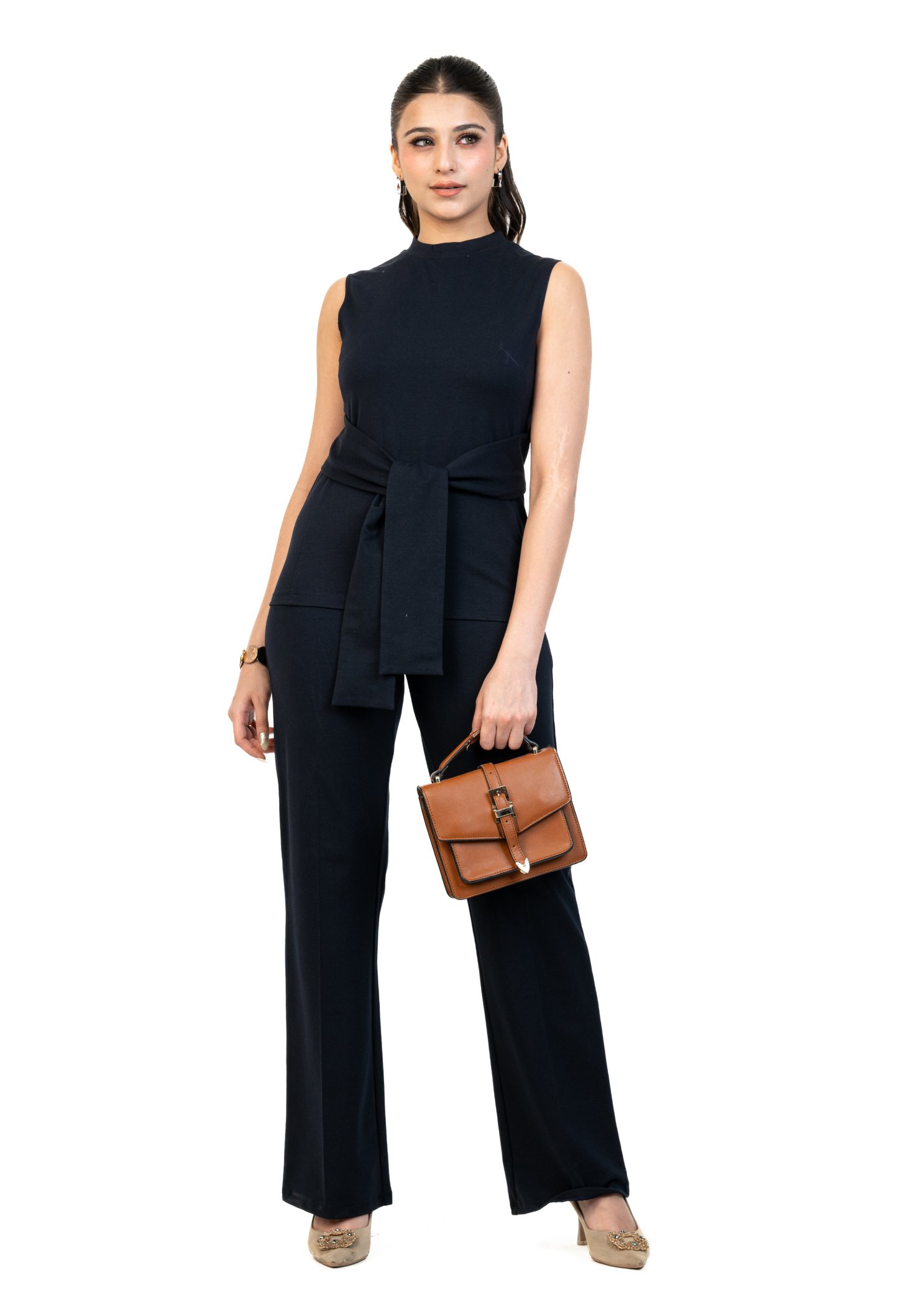 Stretched Belted Top with High Waist Flared Pants