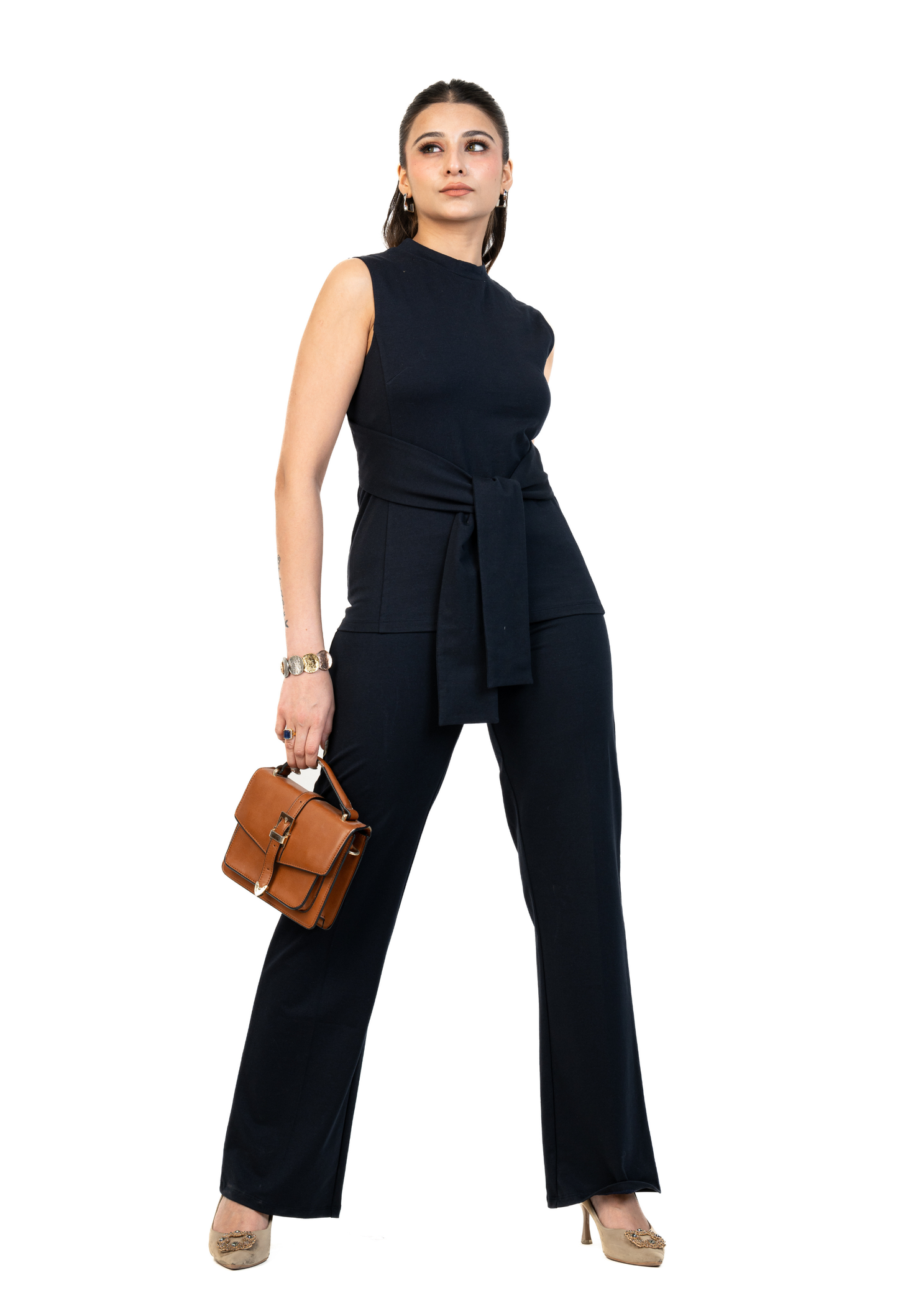 Stretched Belted Top with High Waist Flared Pants