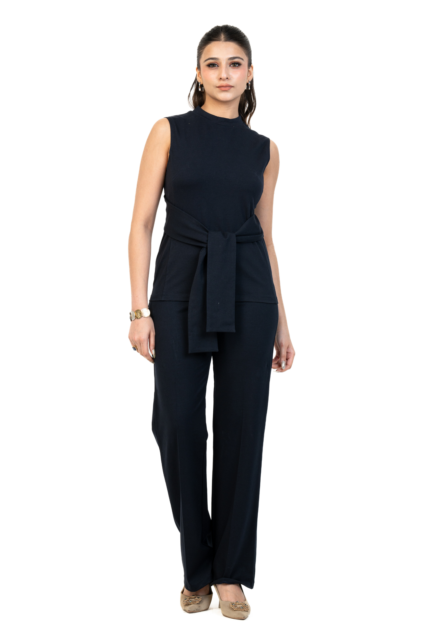 Stretched Belted Top with High Waist Flared Pants